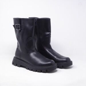 Franco Sarto Brina Womens Boots Black Leather Lug Sole Buckle Moto Size 8M